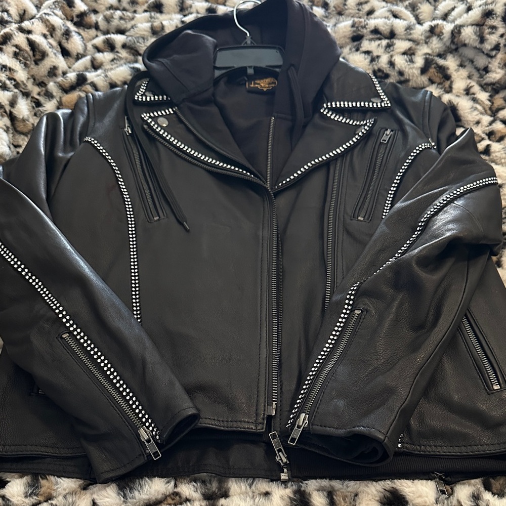 Sleek Black Studded Rhinestone Leather riding Jacket with snap in hoodie
